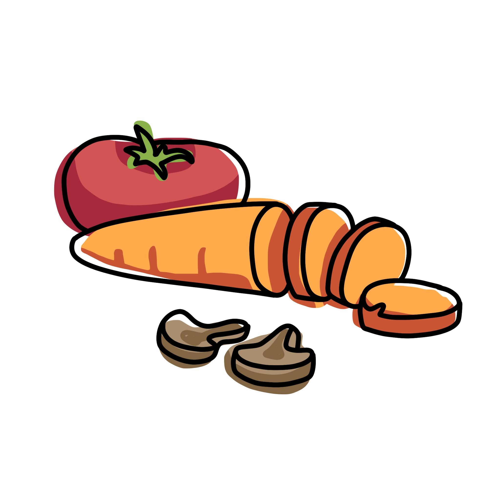 Illustration of a tomato, carrot, and mushrooms